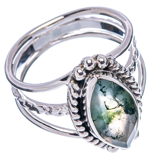 Sterling silver moss agate ring with oval green cabochon, bead and rope detail, size 7.75