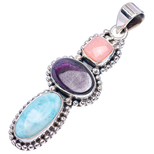 Oval cabochon stone pendant in .925 silver: pink opal, sugilite, and larimar