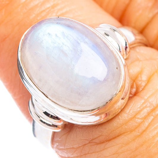 Rainbow moonstone ring with pearly oval cabochon, .925 sterling silver setting