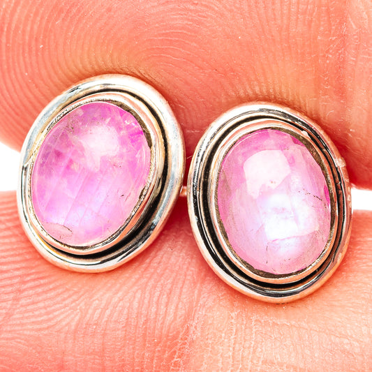 925 sterling silver moonstone earrings with pink oval cabochon, double halo