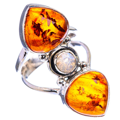 Large Baltic Amber, Rainbow Moonstone Ring Size 7 (925 Sterling Silver) R142877