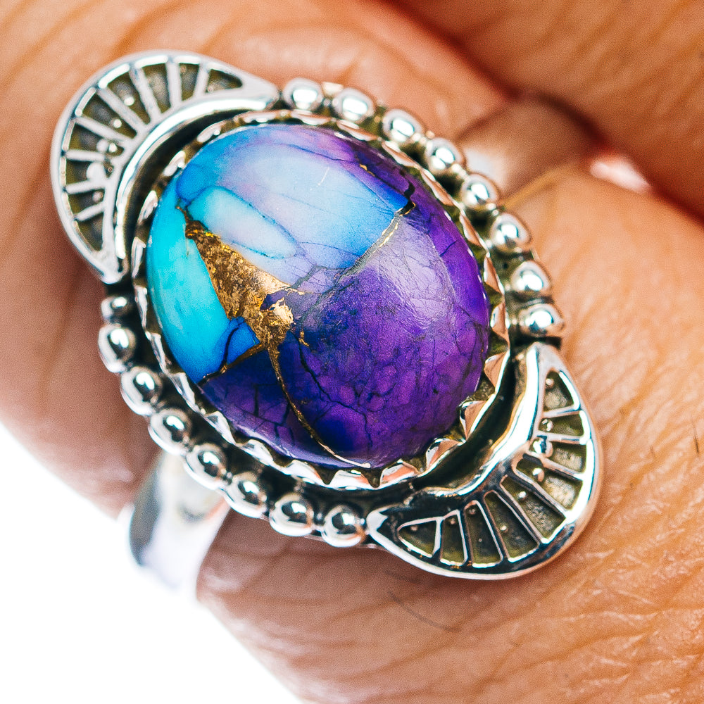 Southwestern Style Violet Blue Dahlia Mohave Turquoise Ring Size 9.5 (.925 Sterling Silver)