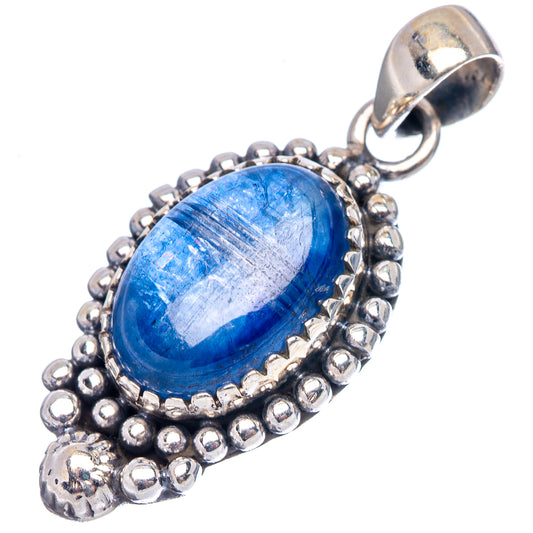 Oval blue kyanite pendant with .925 sterling silver ornate beaded border and loop bail.