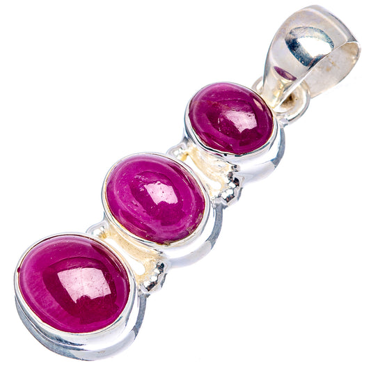 Three-stone oval ruby pendant in .925 sterling silver, with top loop and deep purple cabochons