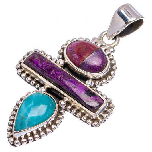 Sterling silver pendant with purple sugilite bar and oval, blue larimar oval, bail