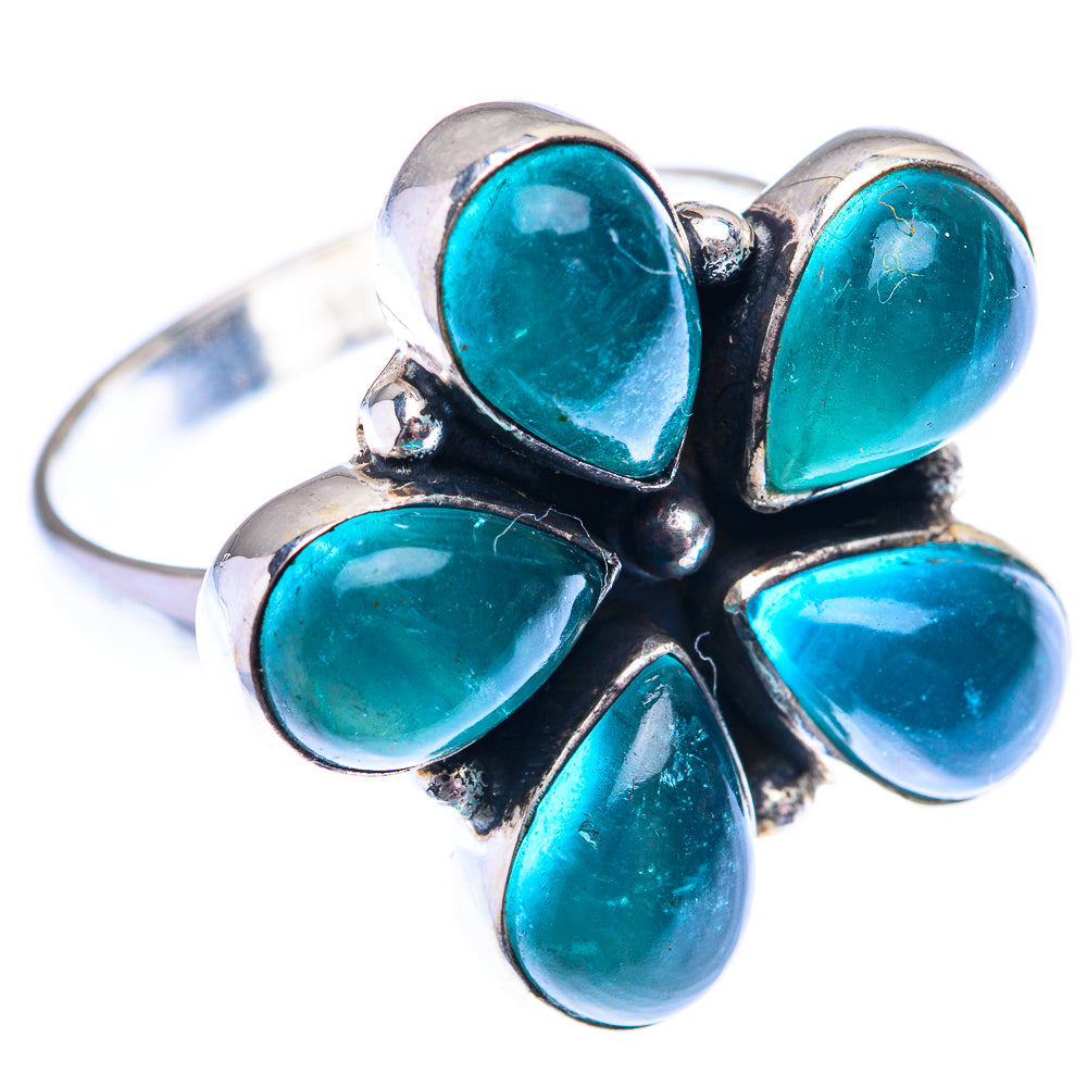 Sterling silver flower ring with five prong-set blue-green fluorite teardrop stones