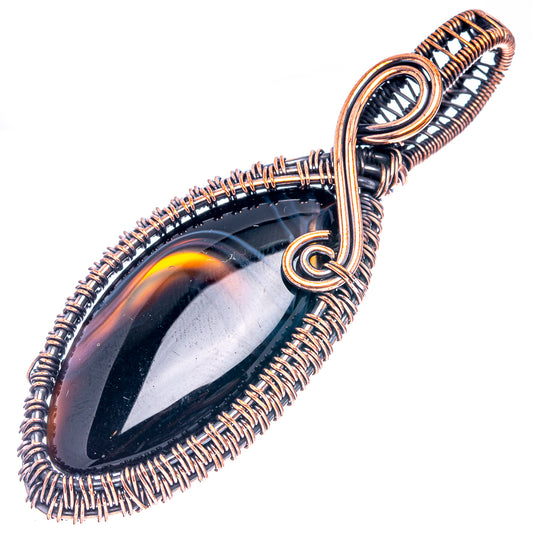 Oxidized copper wire-wrapped banded agate pendant, teardrop stone with oval loop bail