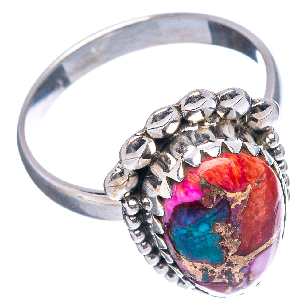 Sterling silver ring, oval red and blue turquoise cabochon with raised beaded design