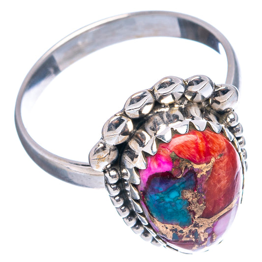 Sterling silver ring, oval red and blue turquoise cabochon with raised beaded design