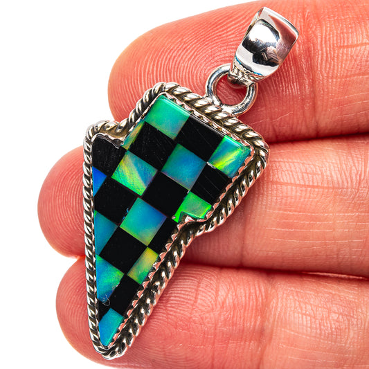 Sterling silver lightning bolt pendant with iridescent opal checker pattern
