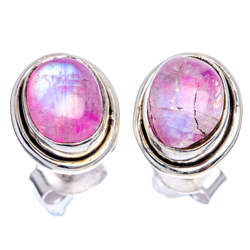 Oval pink moonstone stud earrings with triple .925 sterling silver bezel
