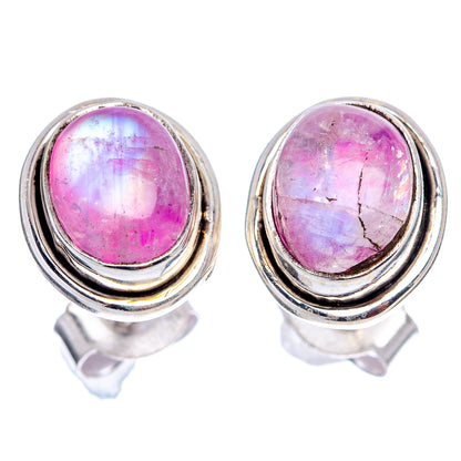 Oval pink moonstone stud earrings with triple .925 sterling silver bezel