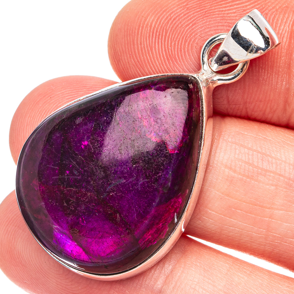 Purple labradorite teardrop pendant in 925 sterling silver bezel, polished metal bail