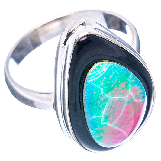 Sterling silver ring with oval opal in black bezel, green-blue-pink stone