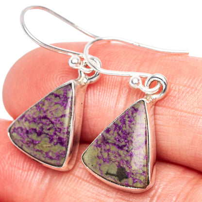Purple and green triangular gemstone drop earrings with 925 sterling silver hooks.