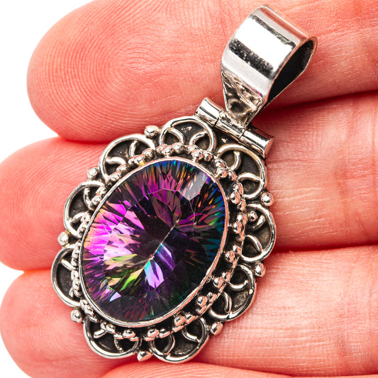 Sterling silver Mystic Topaz pendant with oval rainbow prismatic gemstone and ornate setting