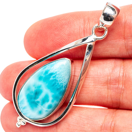 Larimar teardrop pendant in .925 sterling silver with blue stone, prong-set