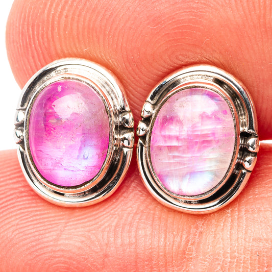 Oval bezel drop earrings with pink iridescent cabochon and .925 sterling silver setting