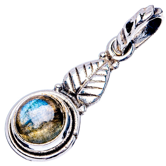 Labradorite pendant .925 sterling silver with round stone and textured leaf design