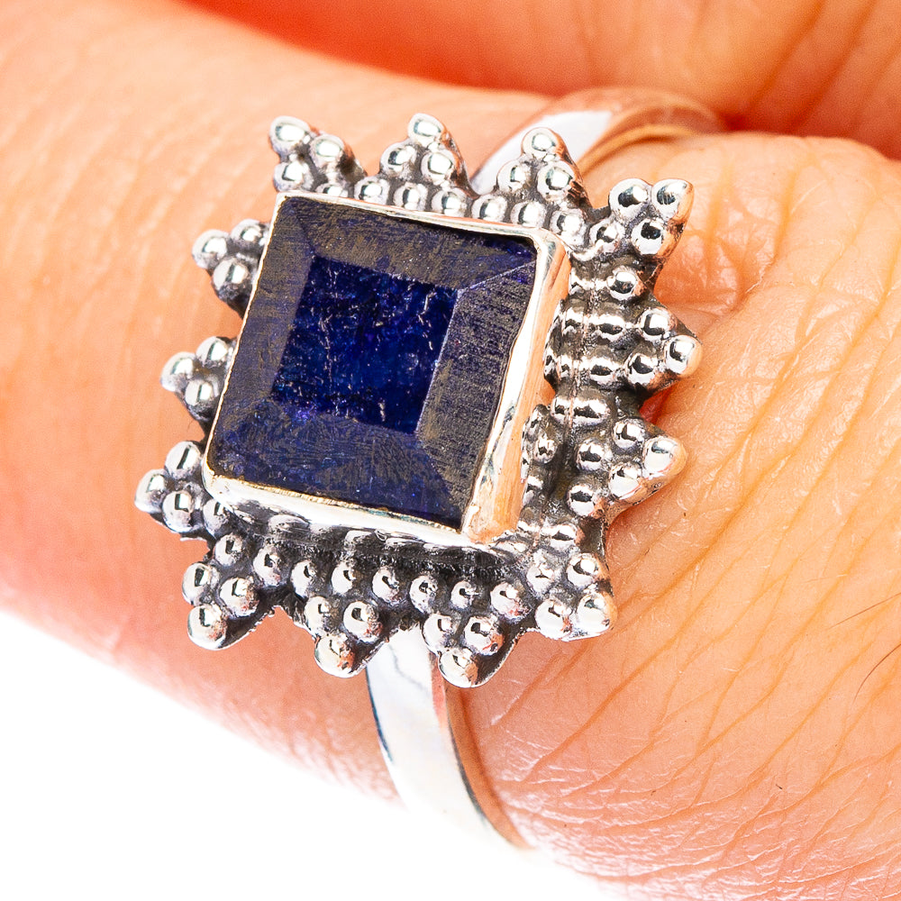 Dainty sapphire blue square stone ring in 925 sterling silver with beaded halo