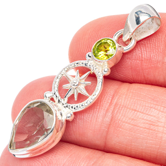Faceted Green Amethyst, Peridot Compass Pendant 1 5/8" (925 Sterling Silver) P41076