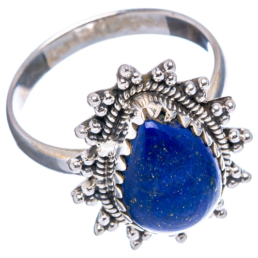 Lapis lazuli gemstone ring with .925 sterling silver band, blue teardrop stone, spiked halo