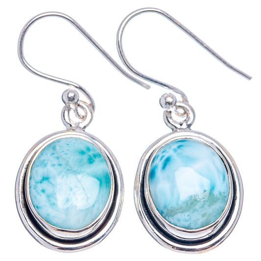 Larimar oval drop earrings, .925 sterling silver fishhook with bezel-set blue stone