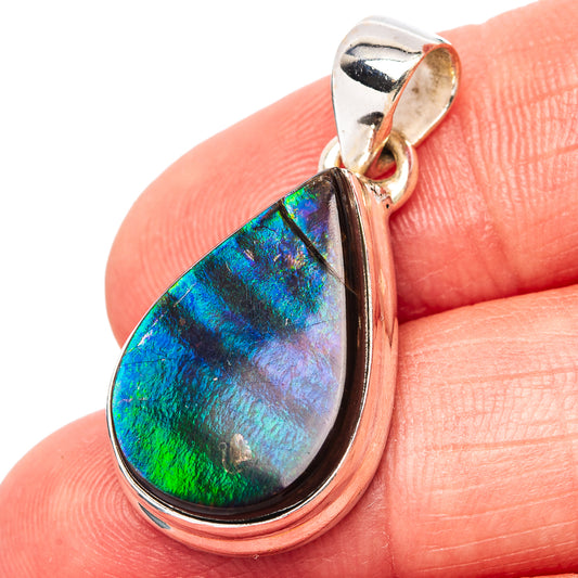 Sterling silver ammolite teardrop pendant with iridescent blue-green stone.