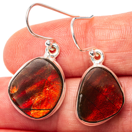 Sterling silver teardrop ammolite earrings with red-orange iridescent stone drops