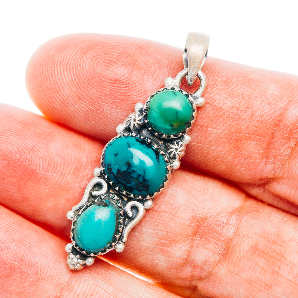 Southwestern Style Tibetan Turquoise Pendant 1 5/8" (.925 Sterling Silver)