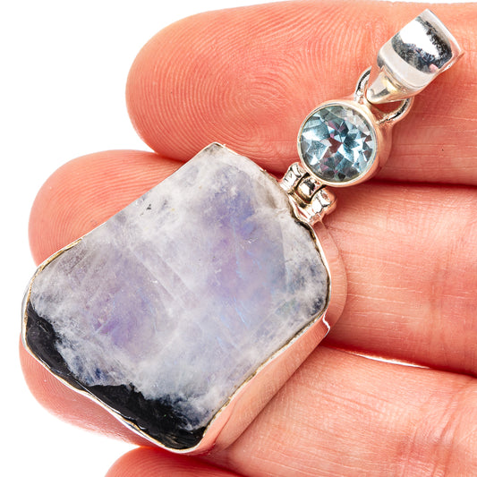 Large Rough Rainbow Moonstone, Blue Topaz 925 Sterling Silver Pendant 1 7/8" (925 Sterling Silver) P43672