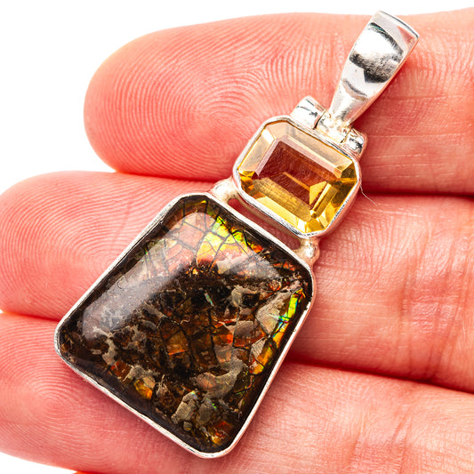 Sterling silver ammolite pendant with rectangular dark stone and citrine-yellow top bezel
