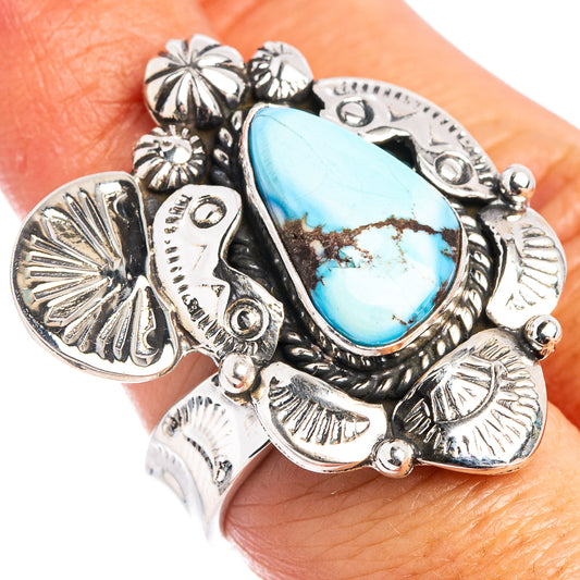 Native-style sterling silver ring with large turquoise teardrop cabochon, adjustable band
