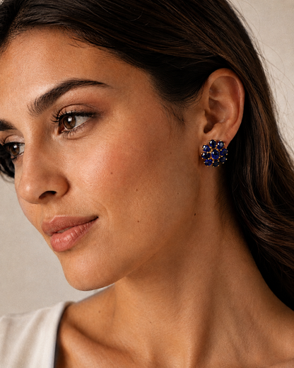 Sapphire Floral Cluster Earrings 5/8" (.925 Sterling Silver) 24k Gold Plated