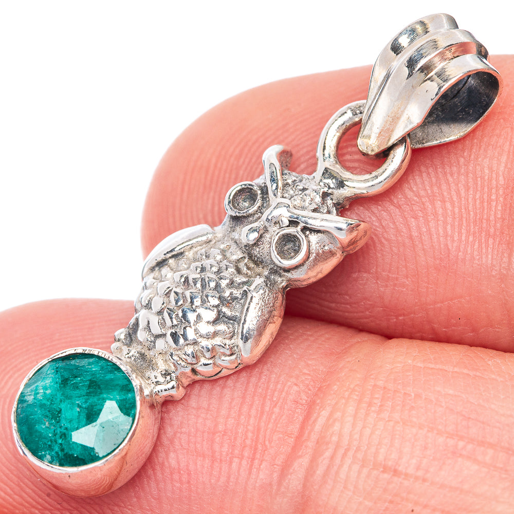 Sterling silver owl charm pendant with round green emerald-style stone and clasp bail