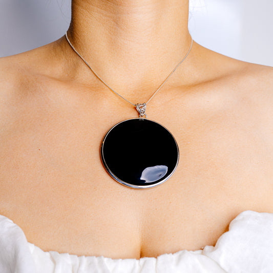 Large round black onyx pendant on thin .925 sterling silver chain