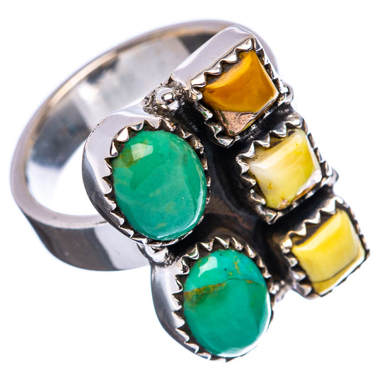 Sterling silver ring with two green oval cabochons and three yellow square stones