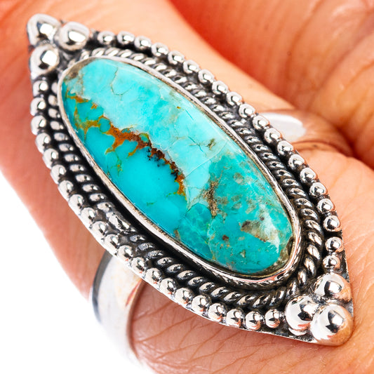 Oval turquoise inlaid sterling silver ring, detailed beaded border, size 7.25