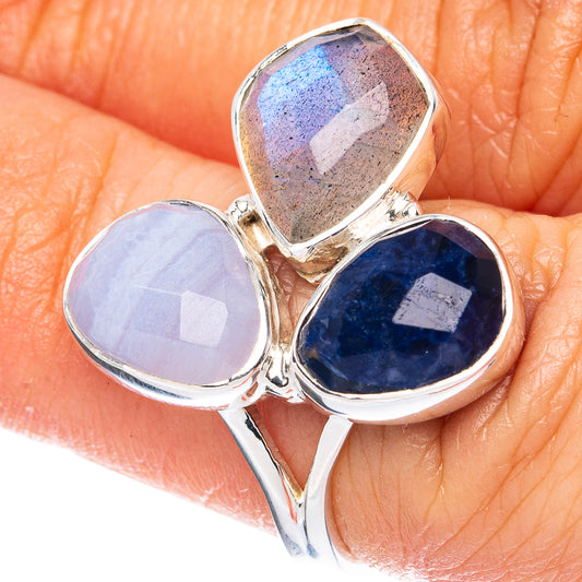 Premium Blue Lace Agate, Labradorite, Lapis Lazuli Sterling Silver Ring Size 5.75 R3603