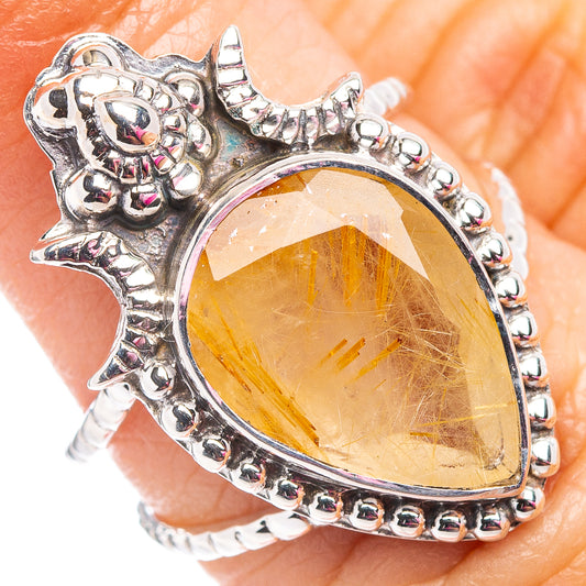 Sterling silver oval rutilated quartz ring, ornate filigree bezel with gold tones