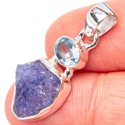Raw purple tanzanite and blue topaz pendant, .925 sterling silver bezel setting