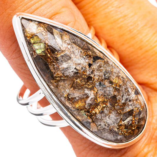 Oval sterling silver gemstone matrix ring with dark brown and gold druzy center
