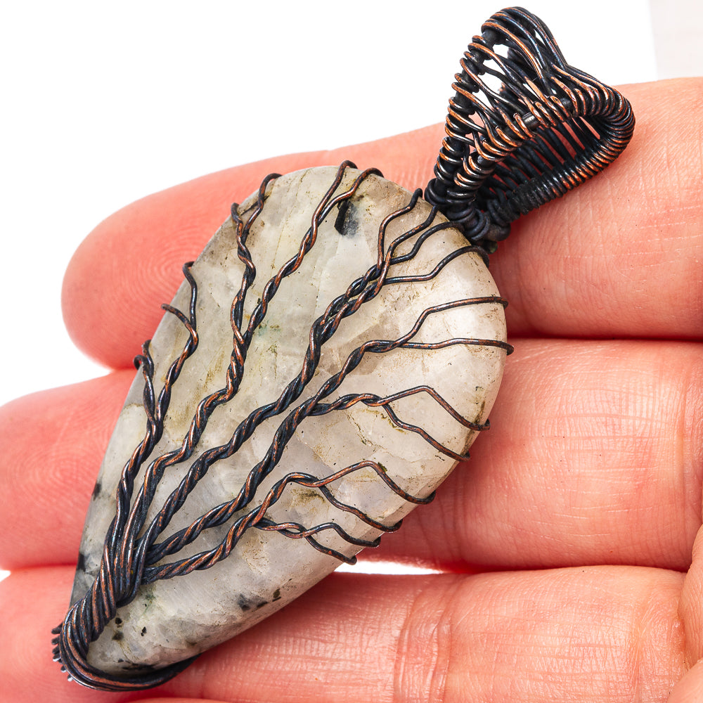 Tree of life pendant, wire-wrapped oxidized copper on white quartz stone