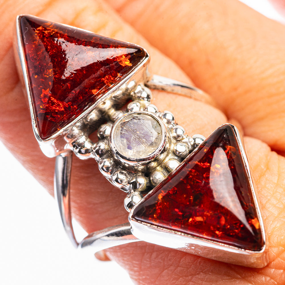 Baltic Amber, Rainbow Moonstone Ring Size 10 (925 Sterling Silver) R142038