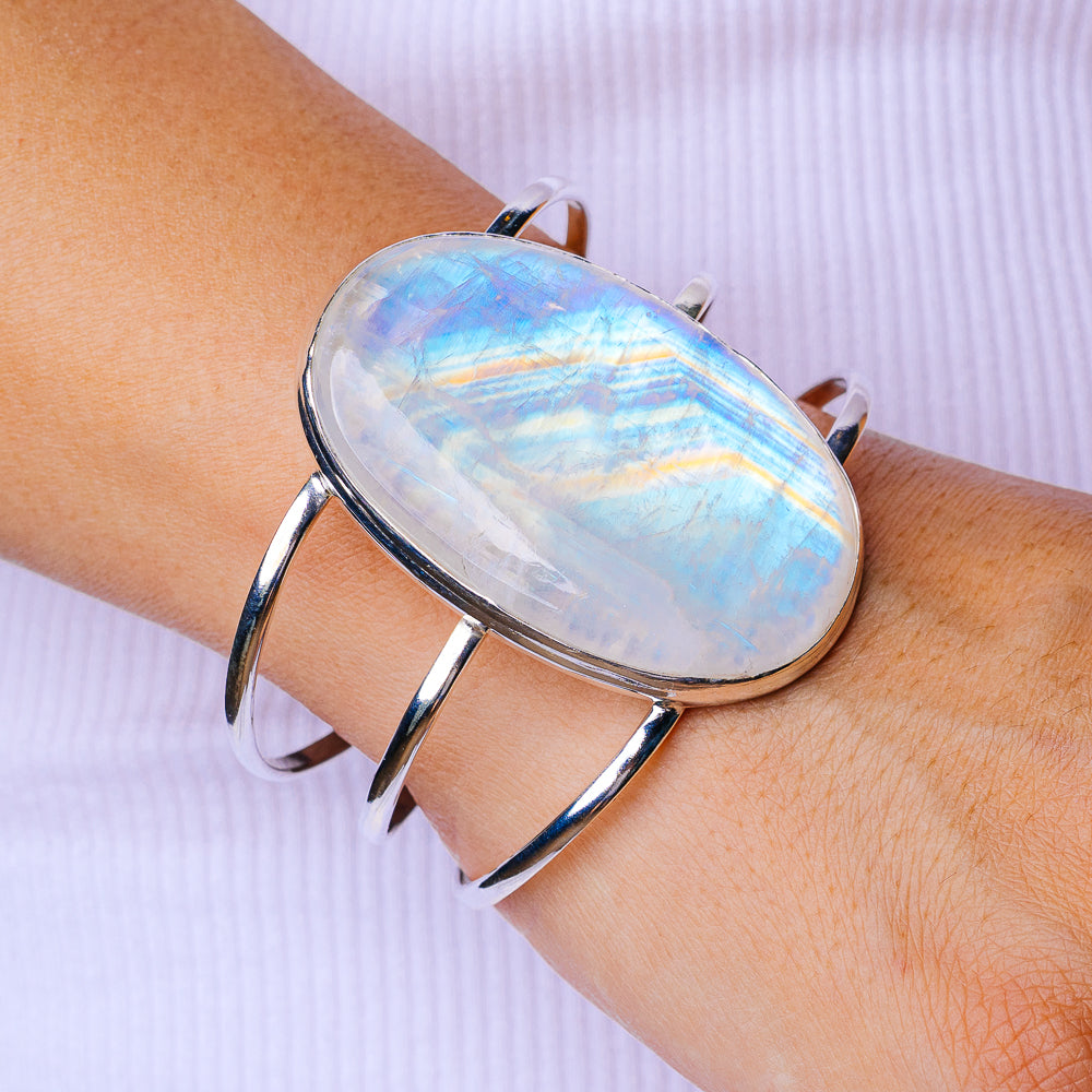 Rainbow Moonstone Bracelet Adjustable (.925 Sterling Silver)