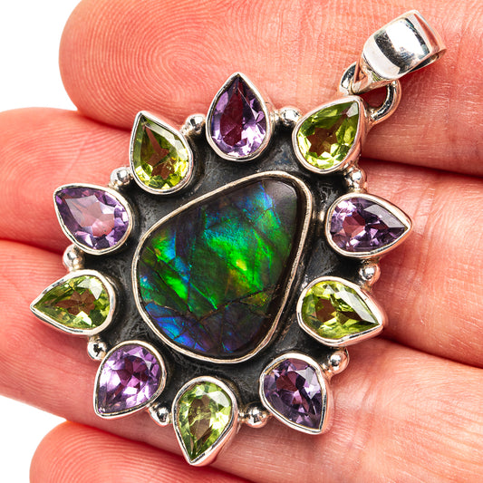 Sterling silver ammolite pendant with teardrop amethyst and green peridot stones