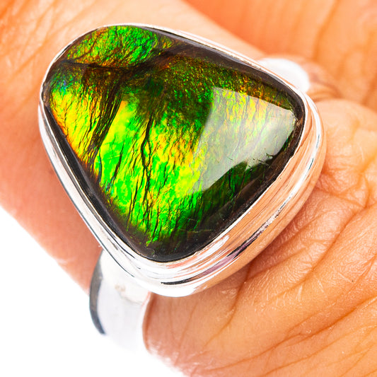 Sterling silver ammolite ring with green iridescent oval stone, size 6.75
