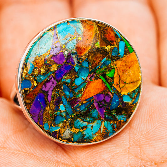 Sterling silver turquoise mosaic ring with purple, orange and gold round inlay cabochon