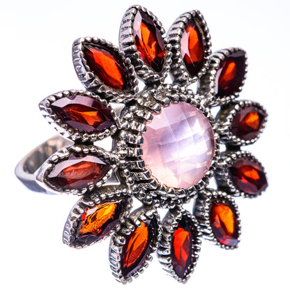 Large Rose Quartz, Garnet Ring Size 9 (925 Sterling Silver) R141174