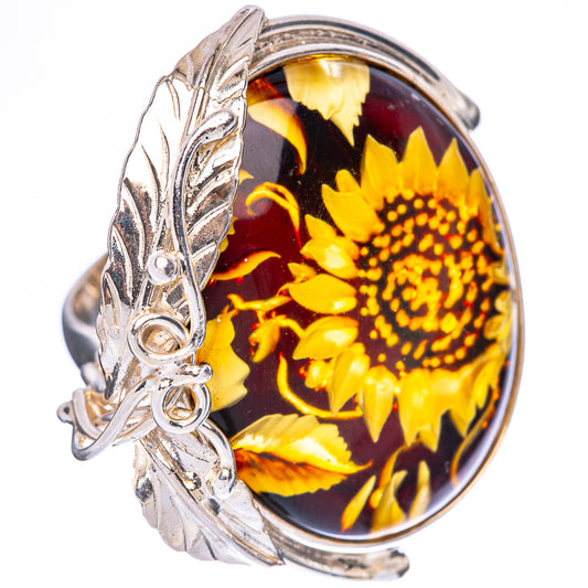 Amber Intaglio Sunflower Ring Size 7 Adjustable (925 Sterling Silver) R3822